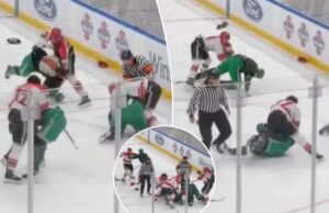 Jogadores de hóquei do NYPD e FDNY brigam durante jogo de rivalidade na UBS Arena Jogadores de hóquei do NYPD e FDNY brigam durante jogo de rivalidade na UBS Arena