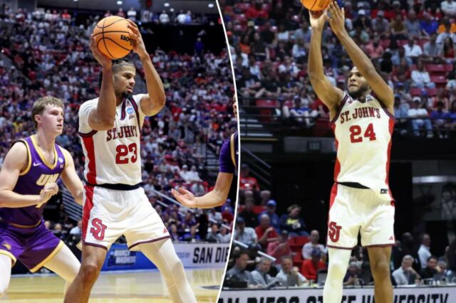 John's esquenta com terreno de 3 pontos em sinal positivo Zuby Ejiofor acerta uma cesta de 3 pontos durante a vitória do St. John's no primeiro turno em 20 de março de 2026.