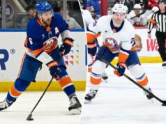 Jonathan Drouin e Ryan Pulock questionados pelo confronto dos Islanders com os Ducks Ryan Pulock tenta um passe enquanto Gustav Forsling defende durante a vitória dos Islanders por 5-4 sobre os Panthers em 2 de março de 2026.