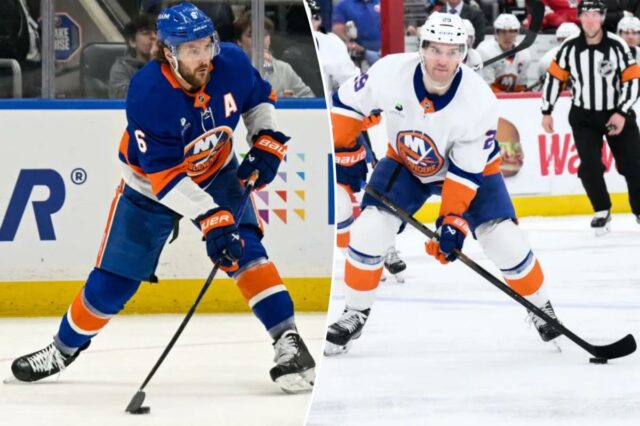 Jonathan Drouin e Ryan Pulock questionados pelo confronto dos Islanders Ryan Pulock tenta um passe enquanto Gustav Forsling defende durante a vitória dos Islanders por 5-4 sobre os Panthers em 2 de março de 2026.