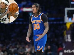 Jordan Clarkson se enche de ‘alegria’ ao fazer o retorno de Utah – mesmo no papel diminuído dos Knicks O armador do New York Knicks, Jordan Clarkson (00), reage contra o Los Angeles Lakers no segundo tempo na Crypto.com Arena.