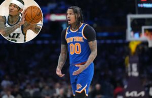 Jordan Clarkson se enche de ‘alegria’ ao fazer o retorno de Utah – mesmo no papel diminuído dos Knicks O armador do New York Knicks, Jordan Clarkson (00), reage contra o Los Angeles Lakers no segundo tempo na Crypto.com Arena.