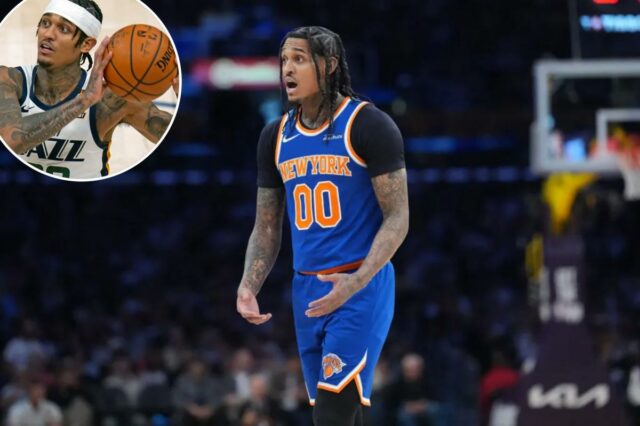 O armador do New York Knicks, Jordan Clarkson (00), reage contra o Los Angeles Lakers no segundo tempo na Crypto.com Arena. 