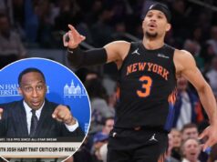 Josh Hart critica a tentativa de queda do ‘fã de meio período dos Knicks’ Stephen A. Smith O guarda do New York Knicks, Josh Hart #3, reage na quadra.