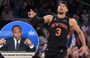Josh Hart critica a tentativa de queda do ‘fã de meio período dos Knicks’ Stephen A. Smith O guarda do New York Knicks, Josh Hart #3, reage na quadra.