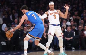 Josh Hart viu o maior declínio em minutos de todos os titulares do Knicks nesta temporada Josh Hart defende contra Chet Holmgren durante a derrota dos Knicks por 103-100 para o Thunder no Garden em 4 de março de 2026.