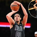 Josh Minott arremessa um lance livre durante sua noite de 24 pontos na derrota do Nets para o Hawks em 12 de março de 2026.