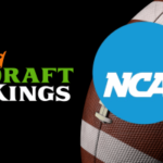 Logotipos DraftKings e NCAA no fundo do futebol ilustrando a disputa legal sobre o uso da marca registrada March Madness em processos de apostas esportivas. Juiz nega oferta da NCAA para bloquear o uso de marcas registradas DraftKings March Madness