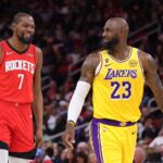 Kevin Durant and LeBron James during Rockets vs Lakers game