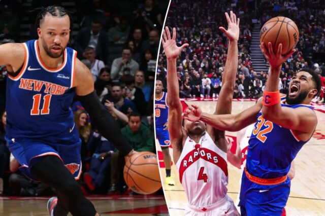 Knicks ultrapassam os Raptors graças ao impulso defensivo no final Jalen Brunson, que marcou 26 pontos, o recorde da equipe, vai até a cesta durante a vitória dos Knicks por 111-95 sobre o Raptors em 3 de março de 2026.