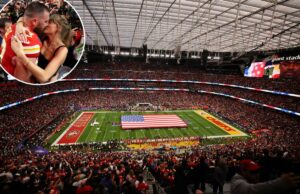 Las Vegas sediará o Super Bowl LXIII em 2029 no Allegiant Stadium Uma vista do Allegiant Stadium cheio de gente e uma enorme bandeira americana cobrindo o meio do campo antes do Super Bowl LVIII.