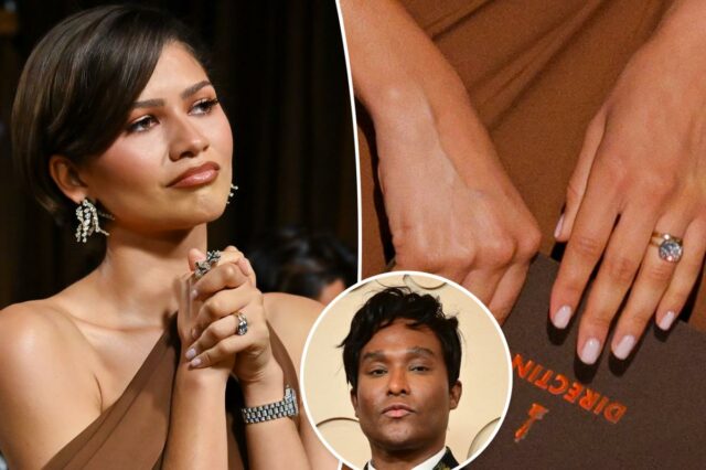 Law Roach dobra a reivindicação de casamento de Zendaya enquanto a atriz usa faixa de ouro no Oscar 2026
