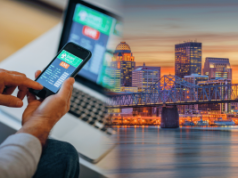 Legisladores de Kentucky avançam projeto de lei abrangente sobre jogos, aumentando os limites de idade para apostas Apostas esportivas de Kentucky em aplicativo móvel com o horizonte de Louisville, ilustrando o crescimento das apostas online e a nova lei de jogos de azar em Kentucky