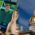 Conceito de proibição de micro apostas em Nova Jersey mostrando o aplicativo de apostas esportivas e o edifício do Capitólio estadual ilustrando a regulamentação dos riscos de apostas ao vivo no jogo. Legisladores de Nova Jersey pressionam para proibir microapostas em ritmo acelerado