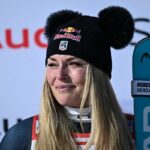 Lindsey Vonn after women's downhill race at the FIS Alpine Ski World Cup 2025-2026
