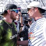 Logan Paul and Tom Brady have an on-field exchange at Fanatics Flag Football Classic