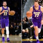 O armador do Los Angeles Lakers, Luka Doncic (77), controla a bola durante o segundo tempo contra o Brooklyn Nets na Crypto.com Arena.