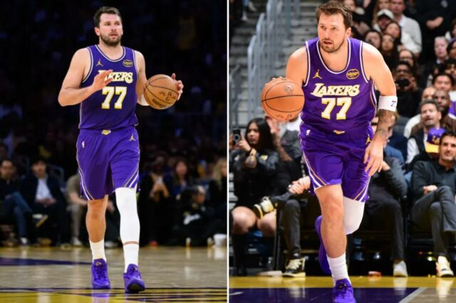 O armador do Los Angeles Lakers, Luka Doncic (77), controla a bola durante o segundo tempo contra o Brooklyn Nets na Crypto.com Arena.