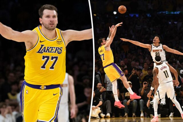 Luka Doncic (Los Angeles Lakers) arremessa a vitória contra Nikola Jokic (Denver Nuggets) e Christian Braun (Denver Nuggets).