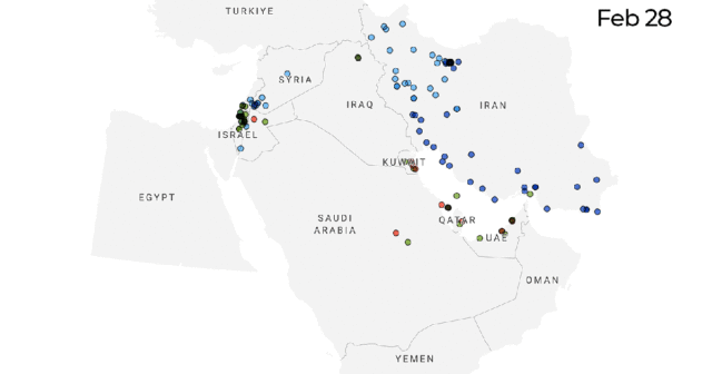 Mapa mostra como evoluíram 16 dias de ataques na guerra GUERRA INTERATIVA NO IRÃ, as maiores empresas de armas dos EUA-1773039374
