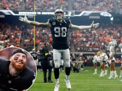 Maxx Crosby revela que estava ‘furioso’ com o fracasso na negociação dos Ravens O lado defensivo do Las Vegas Raiders, Maxx Crosby (98), reage ao entrar em campo para enfrentar o Denver Broncos no Allegiant Stadium em 7 de dezembro de 2025, em Las Vegas.