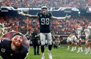 Maxx Crosby revela que estava ‘furioso’ com o fracasso na negociação dos Ravens O lado defensivo do Las Vegas Raiders, Maxx Crosby (98), reage ao entrar em campo para enfrentar o Denver Broncos no Allegiant Stadium em 7 de dezembro de 2025, em Las Vegas.