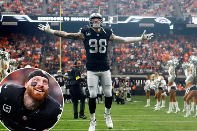O lado defensivo do Las Vegas Raiders, Maxx Crosby (98), reage ao entrar em campo para enfrentar o Denver Broncos no Allegiant Stadium em 7 de dezembro de 2025, em Las Vegas. 