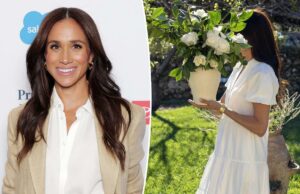 Meghan Markle está pronta para a primavera com um vestido simples de uma de suas marcas favoritas Meghan Markle em um vestido branco Brochu Walker, segurando um vaso de flores brancas.