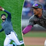 O Infielder Bo Bichette (19) do Mets recebe falta de Brandon Lowe (5) do Pittsburgh Pirates no segundo turno no Citi Field, sábado, 28 de março de 2026, em Queens, NY.