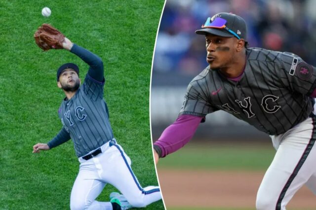 O Infielder Bo Bichette (19) do Mets recebe falta de Brandon Lowe (5) do Pittsburgh Pirates no segundo turno no Citi Field, sábado, 28 de março de 2026, em Queens, NY.