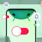 Mascote do Android entre caixas de papelão etiquetadas para aplicativos, capturas de tela, notificações e distrações, em frente à tela de um smartphone, com uma vassoura apoiada nas caixas.