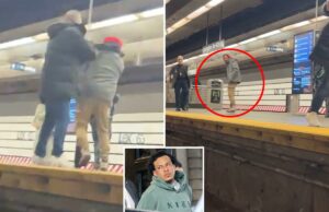 Migrante acusado de empurrar um homem de 83 anos, outro homem nos trilhos do metrô, saiu calmamente após o crime, mostra um vídeo chocante Bairon Hernandez, 34 anos, com capuz verde claro, sendo escoltado por detetives após sua prisão.