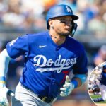 O jogador de campo do Los Angeles Dodgers, Miguel Rojas, acerta uma bola de beisebol durante um jogo de treinamento de primavera.