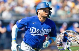 Miguel Rojas, dos Dodgers, nunca testou positivo para esteróides, mas quer um pedido de desculpas O jogador de campo do Los Angeles Dodgers, Miguel Rojas, acerta uma bola de beisebol durante um jogo de treinamento de primavera.