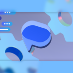 Homem sentado com um telefone ao lado de um grande logotipo do Mensagens do Google, cercado por ícones para agendamento, fixação e balões de bate-papo