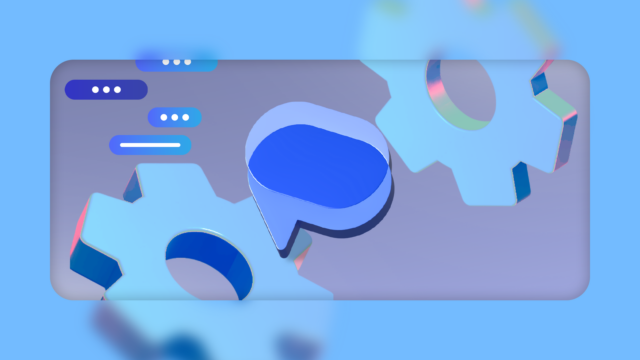 Homem sentado com um telefone ao lado de um grande logotipo do Mensagens do Google, cercado por ícones para agendamento, fixação e balões de bate-papo