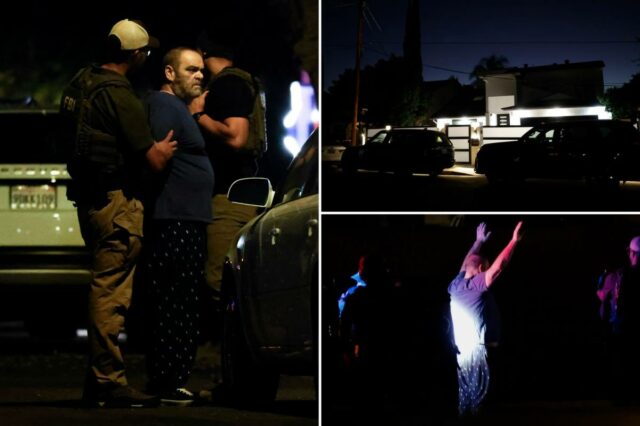 Momento dramático Mansão de Hollywood invadida pelo FBI em uma apreensão de roubo de identidade de alto risco
