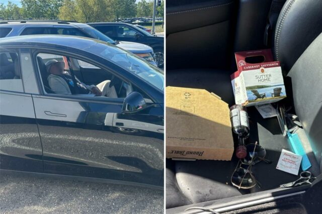 Um motorista parece desmaiado ao volante de um veículo preto que circula pelas ruas da cidade.