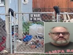 Mulher da Flórida é atacada por 7 cães em frente à casa de agressor sexual Uma cerca com uma placa de alerta de cachorro.