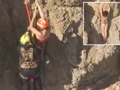 Mulher de biquíni é salva em um resgate ousado depois de ficar pendurada em um penhasco traiçoeiro de São Francisco Mulher de biquíni é salva em um resgate ousado depois de ficar pendurada em um penhasco traiçoeiro de São Francisco