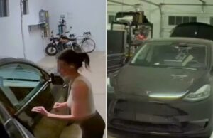 Mulher vandaliza Tesla do ex-namorado em ato ‘mesquinho’ após separação violenta Uma pessoa tentando abrir a porta de um carro Tesla, com a lateral do rosto desfocada, em uma garagem.