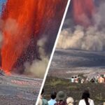 Multidão se reúne para assistir à imensa erupção do vulcão expelindo lava para o céu