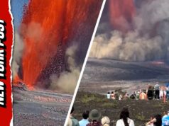 Multidão se reúne para assistir à imensa erupção do vulcão expelindo lava para o céu Multidão se reúne para assistir à imensa erupção do vulcão expelindo lava para o céu