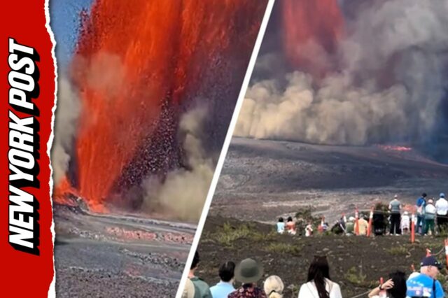 Multidão se reúne para assistir à imensa erupção do vulcão expelindo lava para o céu

