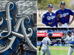 Mural dos Dodgers com Ohtani, Yamamoto, Betts e Valenzuela aparece no centro de Los Angeles Mural dos jogadores de beisebol Yoshinobu Yamamoto e Shohei Ohtani.