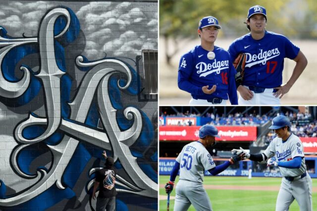 Mural dos Dodgers com Ohtani, Yamamoto, Betts e Valenzuela aparece Mural dos jogadores de beisebol Yoshinobu Yamamoto e Shohei Ohtani.