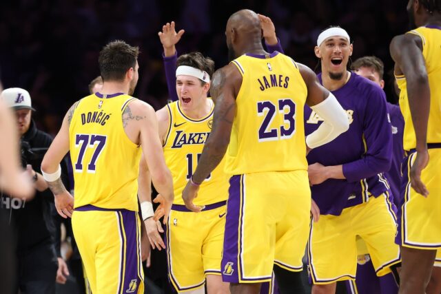 Los Angeles Lakers celebrate in their win over the Denver Nuggets