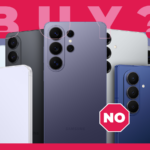 Um Galaxy S26 ao lado de um Galaxy S25, exibido diagonalmente com cifrões verdes flutuantes no fundo.