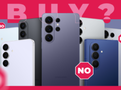 Não compre isso! 5 razões pelas quais você não deve comprar um telefone Samsung Um Galaxy S26 ao lado de um Galaxy S25, exibido diagonalmente com cifrões verdes flutuantes no fundo.