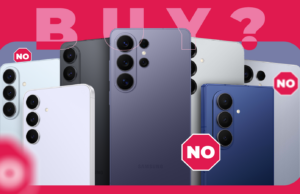 Não compre isso! 5 razões pelas quais você não deve comprar um telefone Samsung Um Galaxy S26 ao lado de um Galaxy S25, exibido diagonalmente com cifrões verdes flutuantes no fundo.